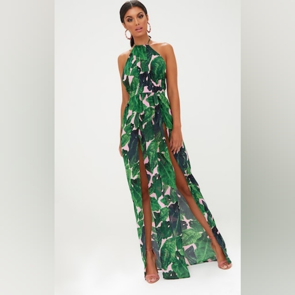 Palm Tree Leaves Pink Green Double Slit Halter Dress - Picture 1 of 6